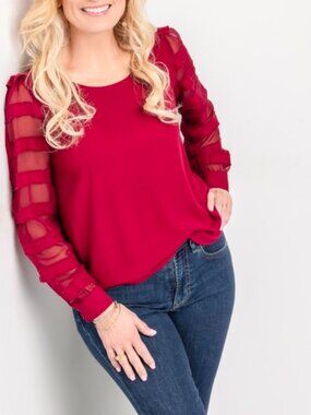 LOFT Wine Red Long Sleeve Blouse Shirt Sheer Feminine Top Scoop Neckline Small